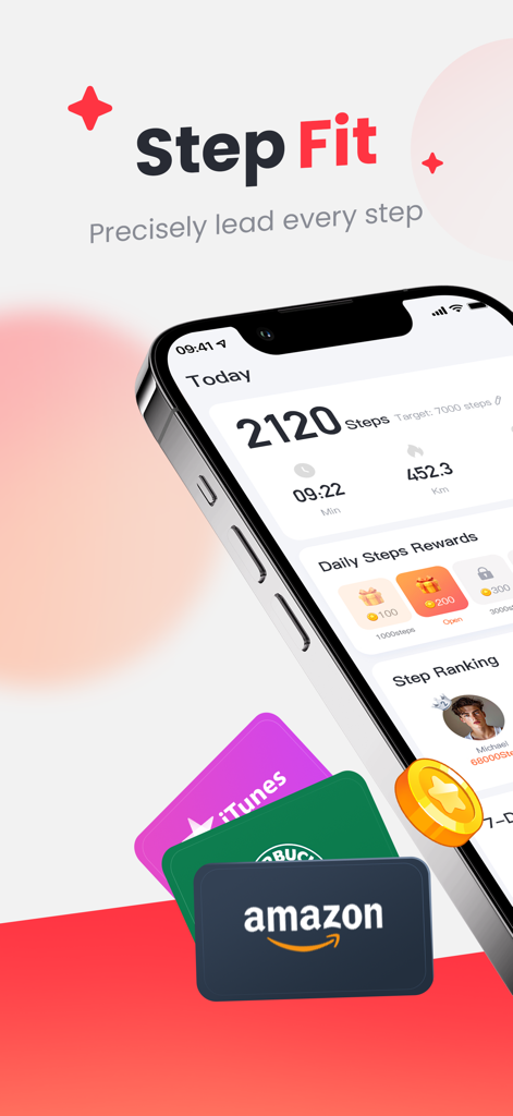 Aplicación de podómetro StepFit que muestra el recuento de pasos diarios, la tabla de clasificación y recompensas de tarjetas de regalo