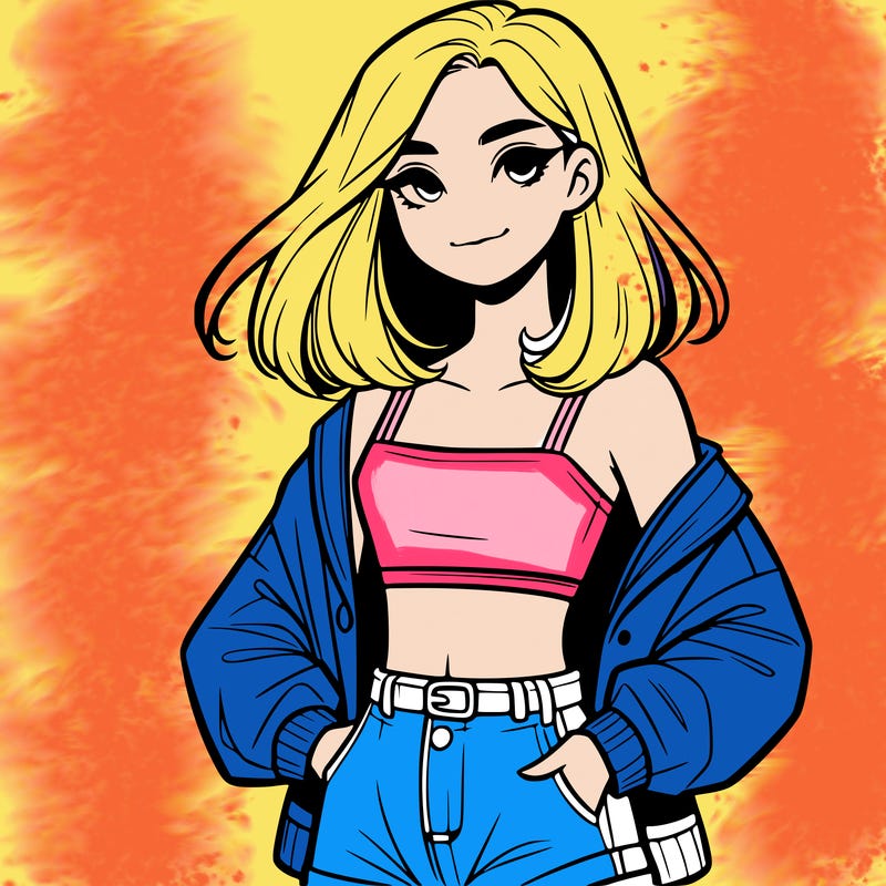 a realistic girl with a crop top and short shorts in an open jacket