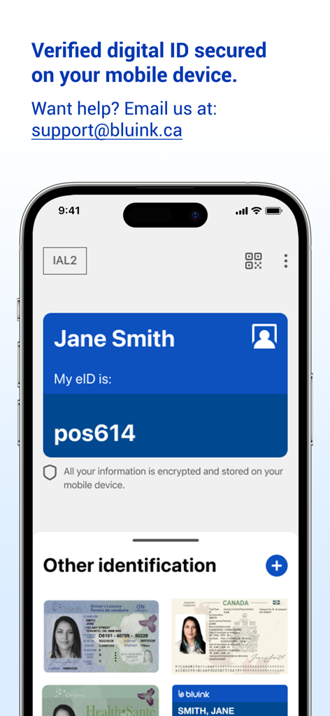 Captura de pantalla de la aplicación Bluink eID-Me que muestra una tarjeta de identidad digital y documentos de identificación almacenados como una licencia de conducir y un pasaporte en un iPhone