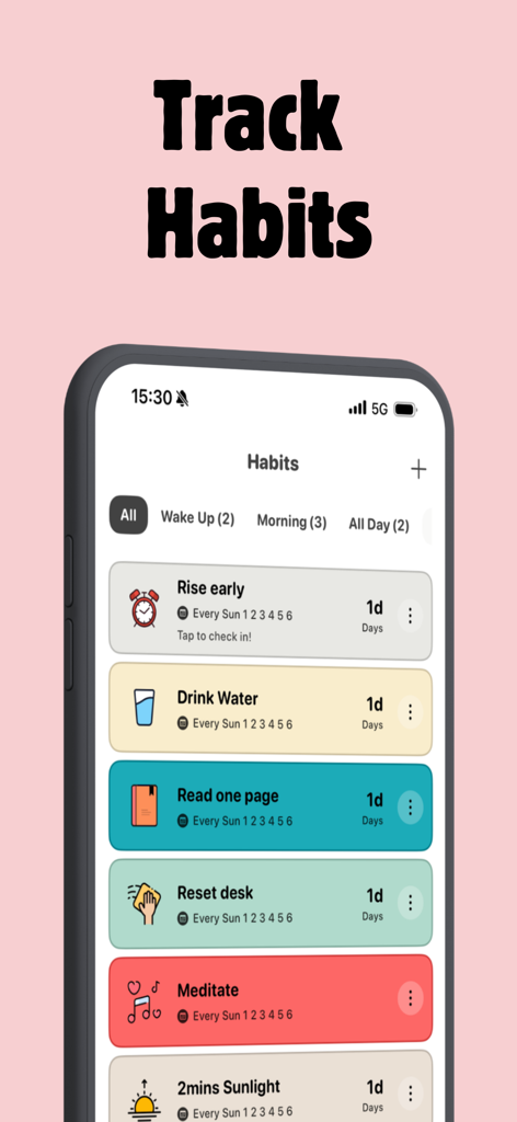 ShineDay app interface showing a list of micro habits with colorful icons and progress tracking