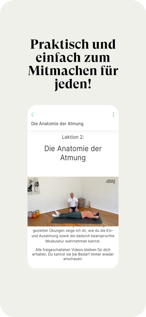 Work It Training - Pantalla de la aplicación Work It Training que muestra una lección en video sobre la anatomía de la respiración con un entrenador profesional.
