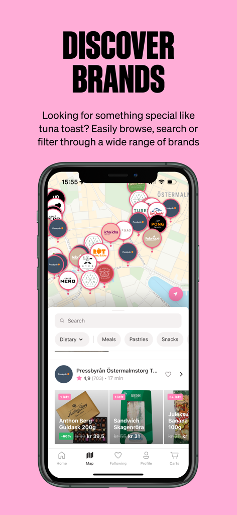 Karma - Save Food with a Tap - Karma app map interface showing local restaurants and discounted surplus food deals.