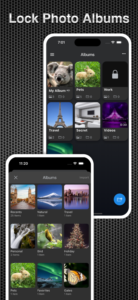 App Secret Pro - Interface do App Secret Pro exibindo múltiplos álbuns de fotos privados e trancados em telas de iPhone