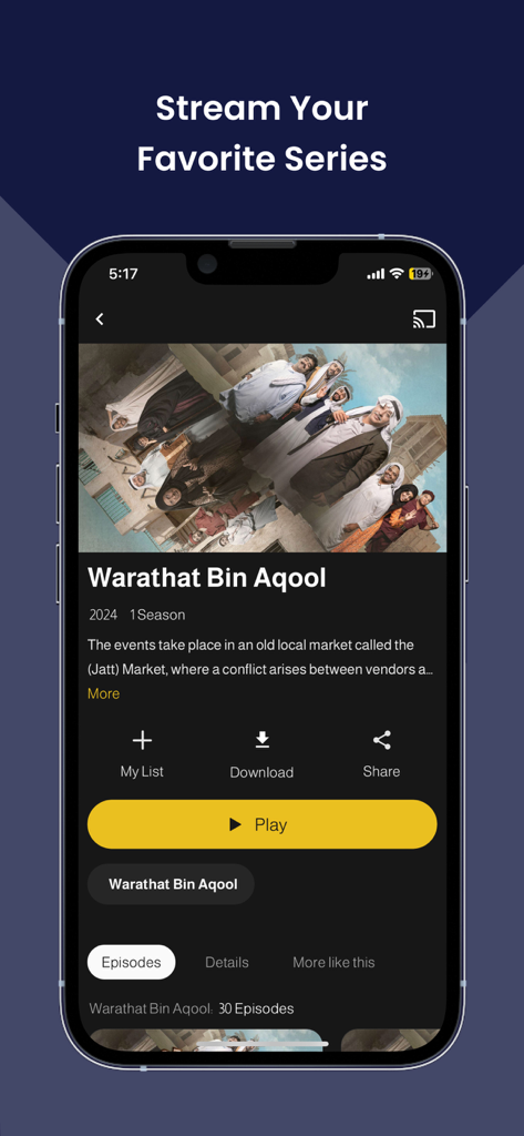 A mobile interface for the AlBallam Group app displaying details for the series Warathat Bin Aqool with a yellow play button.