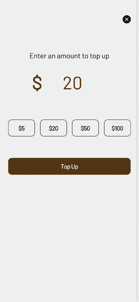 Timbre app screen for topping up credit to enable a cashless dining experience