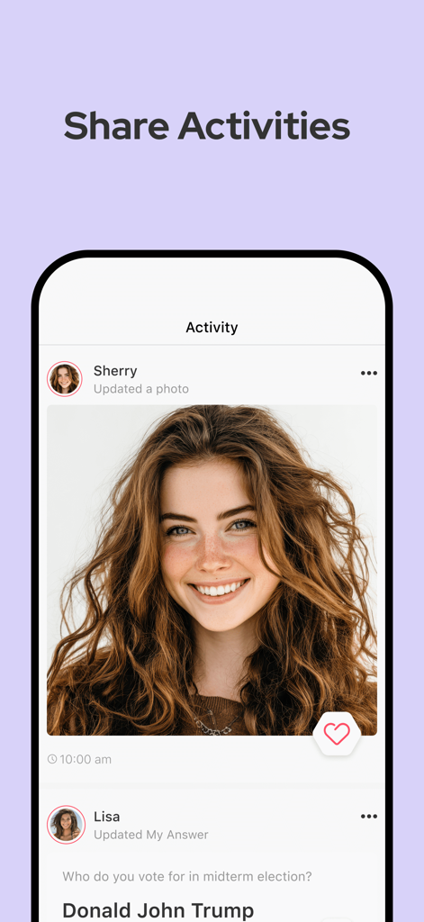 Lovee - Dating & Relationship - Screenshot of the Lovee app activity feed showing user profiles and shared updates