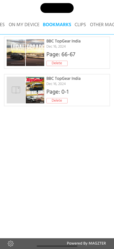 BBC TopGear India - The bookmarks screen of the BBC TopGear India app showing saved magazine pages and articles.