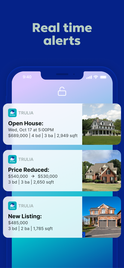 Pantalla móvil mostrando notificaciones push en tiempo real de nuevas publicaciones, reducciones de precios y jornadas de puertas abiertas en Trulia Alquileres