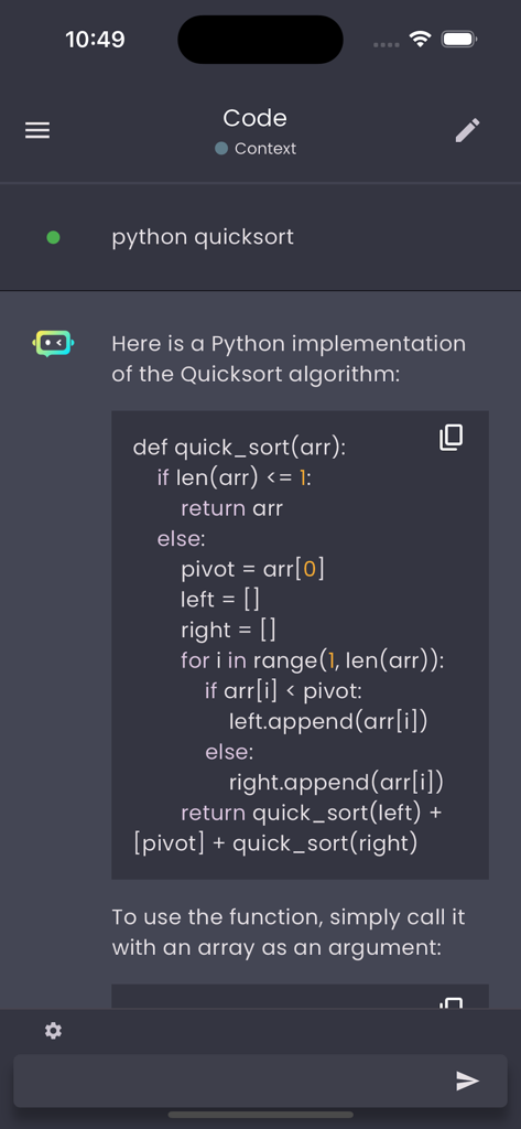 KnowBot-AI chat robot client - KnowBot-AI chat interface showing a Python implementation of the Quicksort algorithm