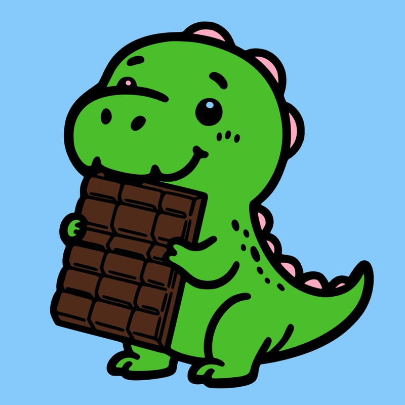 dino with a chocolate bar
