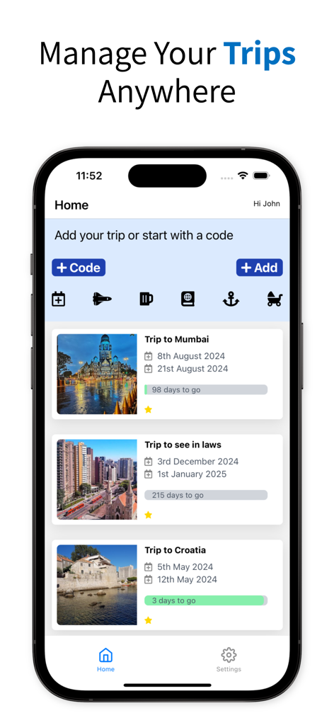 Der Startbildschirm der Travel Easy Itinerary App, der eine Liste anstehender Reisen mit Daten und Countdown-Timern auf einem iPhone anzeigt.
