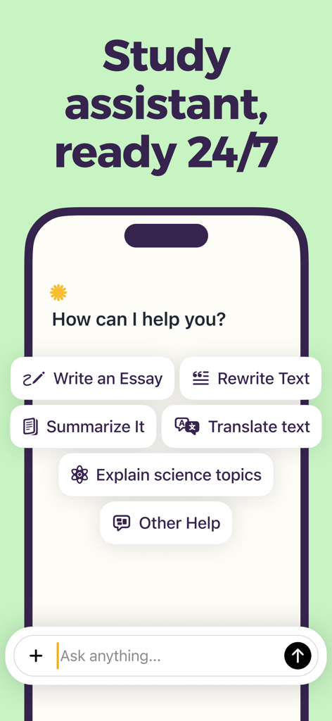 Eureka: Fast Math Solver - Mobile screen showing Eureka AI study assistant features including essay writing, summarizing, translating, and explaining science topics.