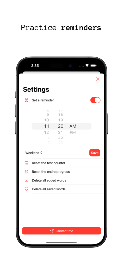 Gamarjoba: Georgian language - Gamarjoba app settings screen showing practice reminders and progress management options