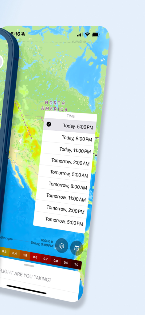 Interface de l'application Flying Calmly montrant une carte de prévision des turbulences de l'Amérique du Nord avec un menu de sélection de l'heure.
