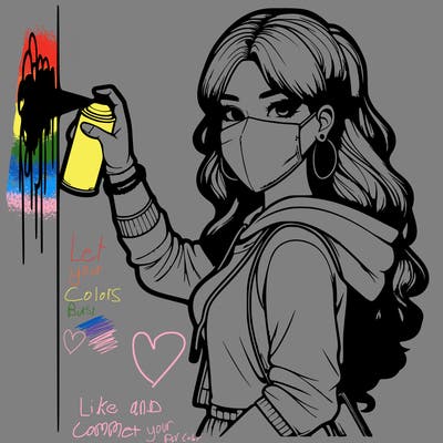 realistic girl with mask spray painting a wall