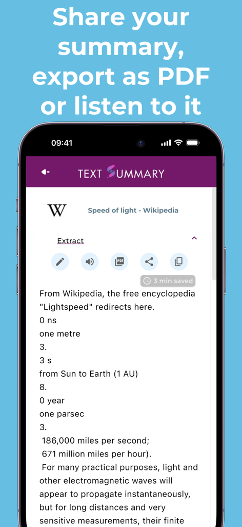 Summary AI: TLDR Summarizer - Mobile app interface of Summary AI showing options to share a summary, export it as a PDF, or listen to it using text-to-speech.