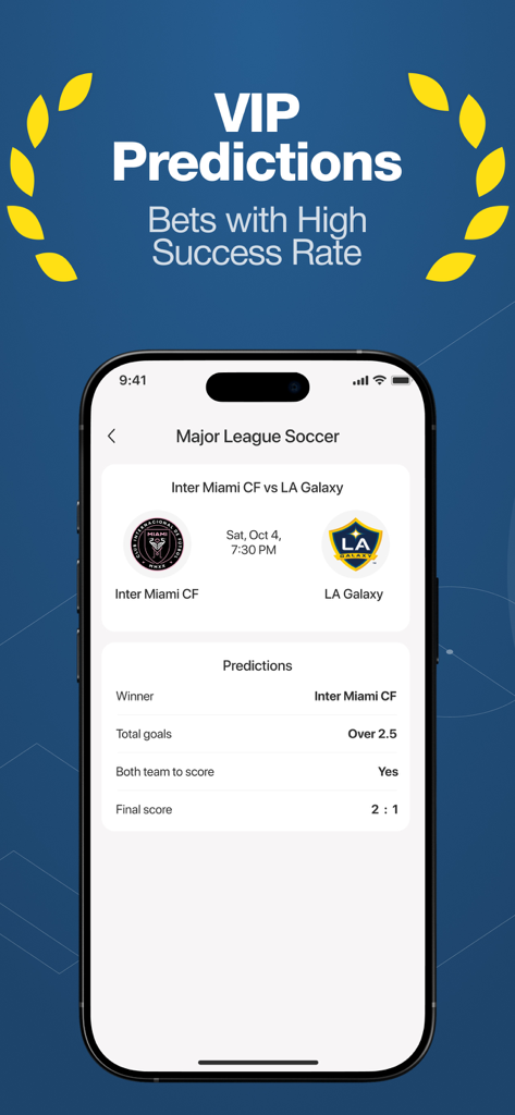 Pro Tipster | Sport Predictor - Pantalla de la aplicación Pro Tipster que muestra predicciones VIP de fútbol para Inter Miami y LA Galaxy