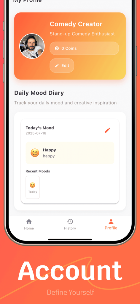 User profile interface in the Ribx app showing comedy creator status and a mood diary