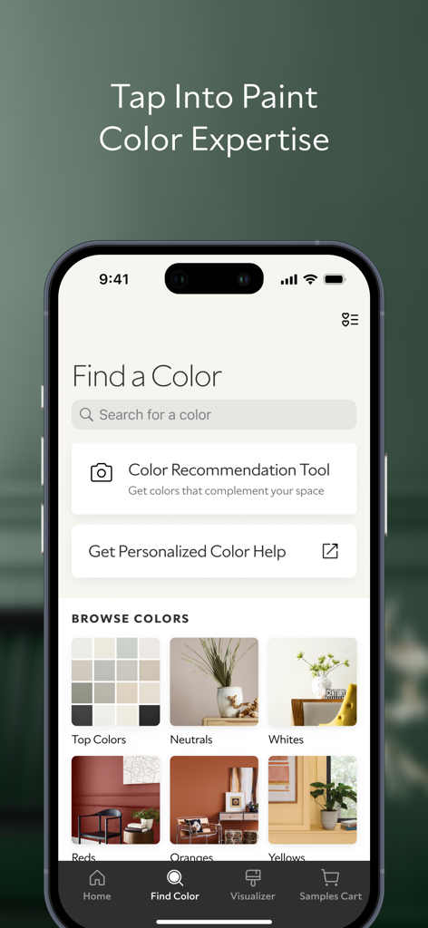 Sherwin Williams Color Expert app interface for browsing and finding paint colors