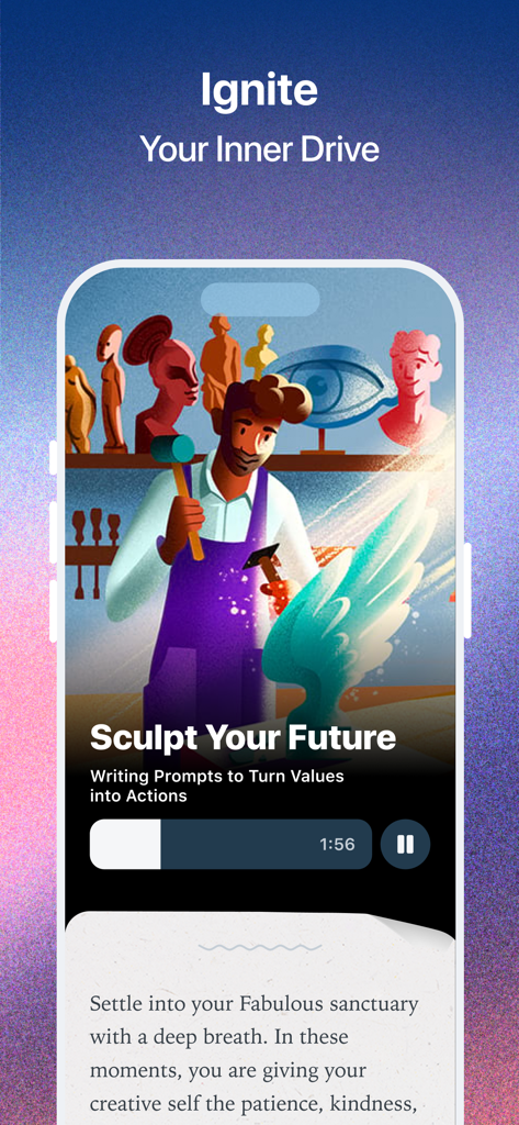 Elixir: Find Balance & Purpose - A smartphone screen displaying the Elixir app with an illustration of a sculptor and writing prompts to turn values into actions