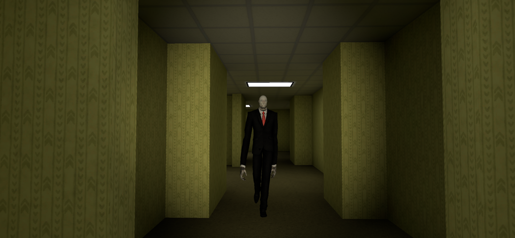 백룸의 노란 패턴 복도를 걷는 슬렌더맨