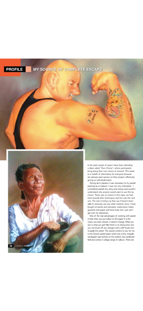 Creative Artist - Une page de profil d'artiste du magazine Creative Artist présentant des portraits peints d'un homme tatoué et d'une femme âgée avec un pot.