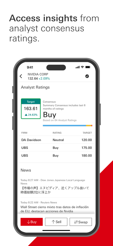 HSBC WorldTrader - HSBC WorldTrader app screen displaying analyst consensus ratings and multilingual news for Nvidia stock