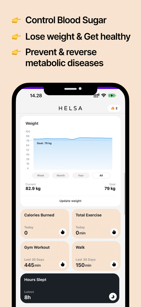 Helsa: Metabolic Health Coach - Helsa app dashboard showing weight progress chart and daily health metrics for exercise and sleep