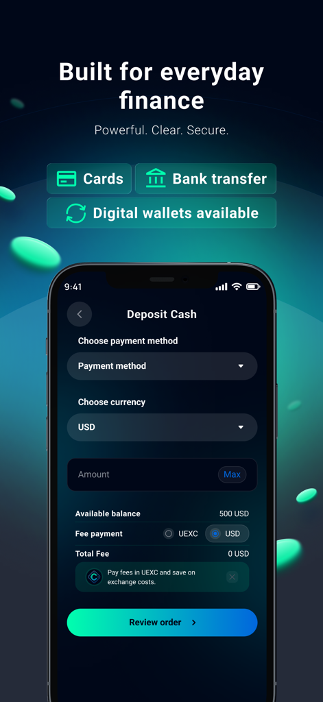 UEX.US - Interfaz de la aplicación UEX.US que muestra la pantalla de depósito de efectivo con opciones de método de pago y selección de divisa.