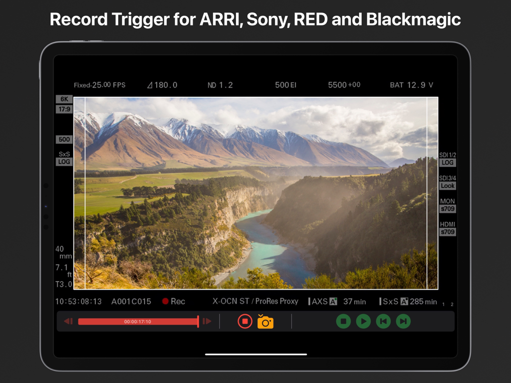 Aplicación Video Assist en iPad mostrando la función de disparador de grabación para cámaras de cine profesionales