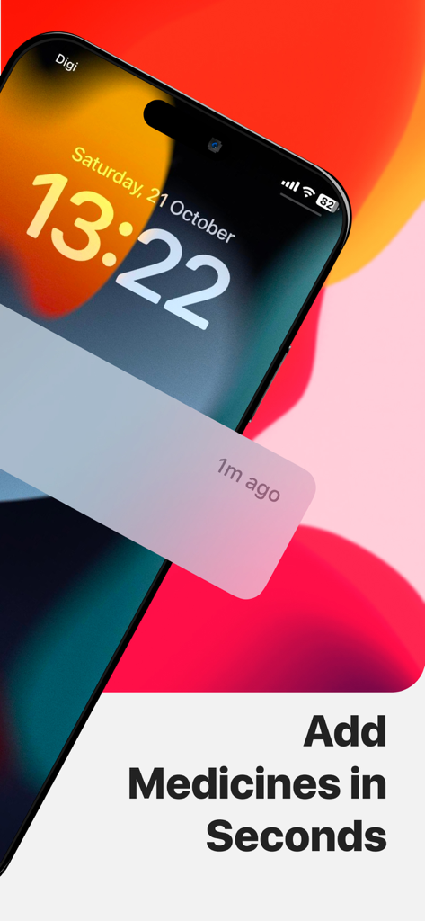 Pill Reminder - Health App - Pill Reminder app on iPhone lock screen showing a notification and the text Add Medicines in Seconds
