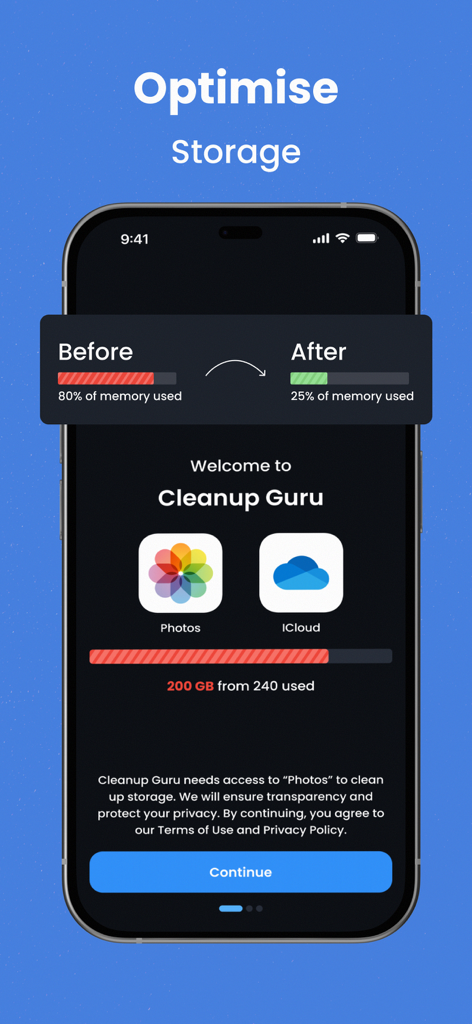 Free Up Storage - Cleanup Guru - Interface de l'application Cleanup Guru montrant les résultats d'optimisation du stockage, passant de quatre-vingts pour cent à vingt-cinq pour cent de mémoire utilisée.