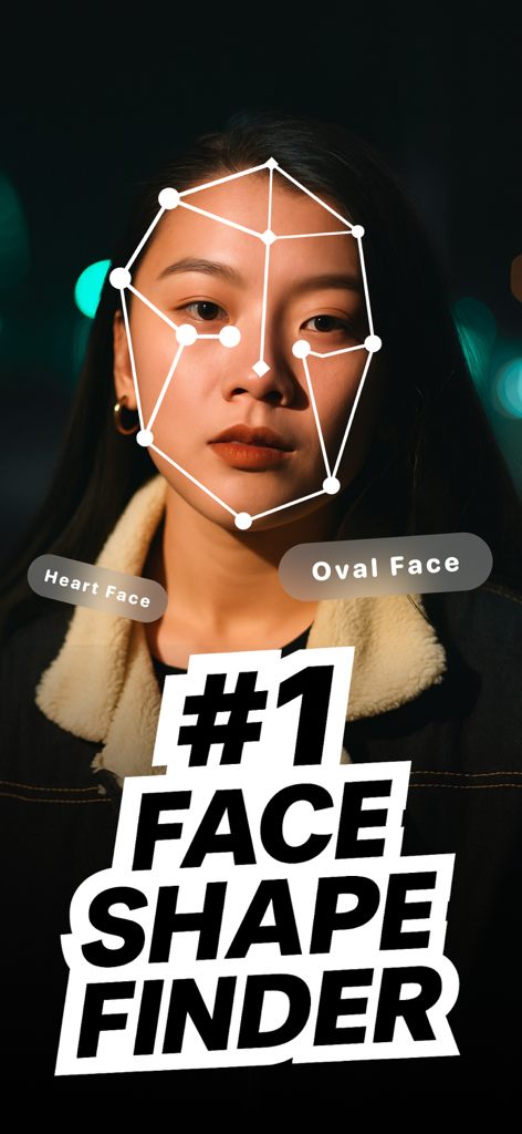 Face Shape Detector - LOOX - KI-Gesichts-Mapping-Overlay auf einem Frauengesicht, das Herz- und ovale Formen identifiziert