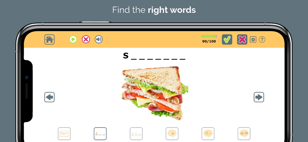 Language Therapy 4-in-1 - Aphasia naming therapy screen with a sandwich photo and letter prompt