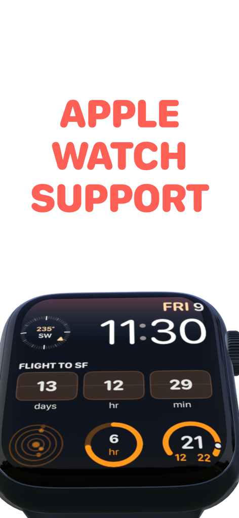 Apple Watch displaying a countdown widget for a flight to San Francisco