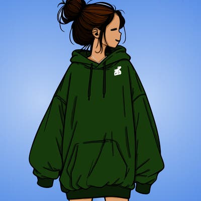 realistic girl with a oversized sweatshirt on and a bun