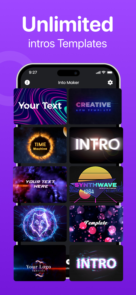 Intro Maker: Create Logo Video - Smartphone displaying a gallery of animated intro and logo templates for video content creators