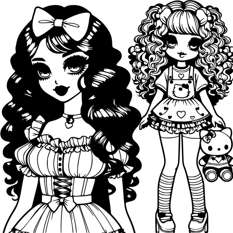 female with an hourglass waist,long sleek curly and wavy hair and bratty like eyes with lashes, and a soft smile with lipstick, wearing a ruffled corset, and a cute short kawaii skirt with mismatch heart and stripe socks and doll platform shoes, holding a little girl with fluffy coily curly hair and soft sweet eyes and cute lashes,with a happy smile with soft ombre lipstick, wearing a kawaii ruffled shirt and a ruffled overall skirt with a hello kitty pattern, wearing mismatched dollhouse socks, and cute mary jane doll platforms, holding a teddy bear that's dressed in a ruffled doll dress and a bow with
