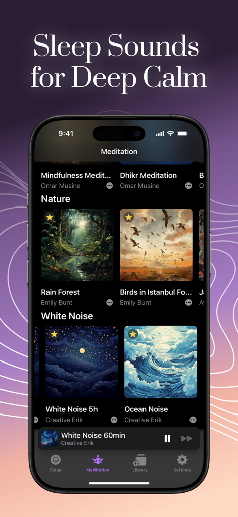 Wahha - Quran Stories - iPhone display of Wahha app showing the meditation screen with nature sounds and white noise options for deep calm.