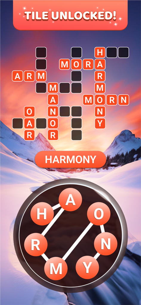 Word Bliss - from PlaySimple - Gameplay screenshot of Word Bliss showing a crossword puzzle with the word Harmony against a serene snowy mountain sunset background.