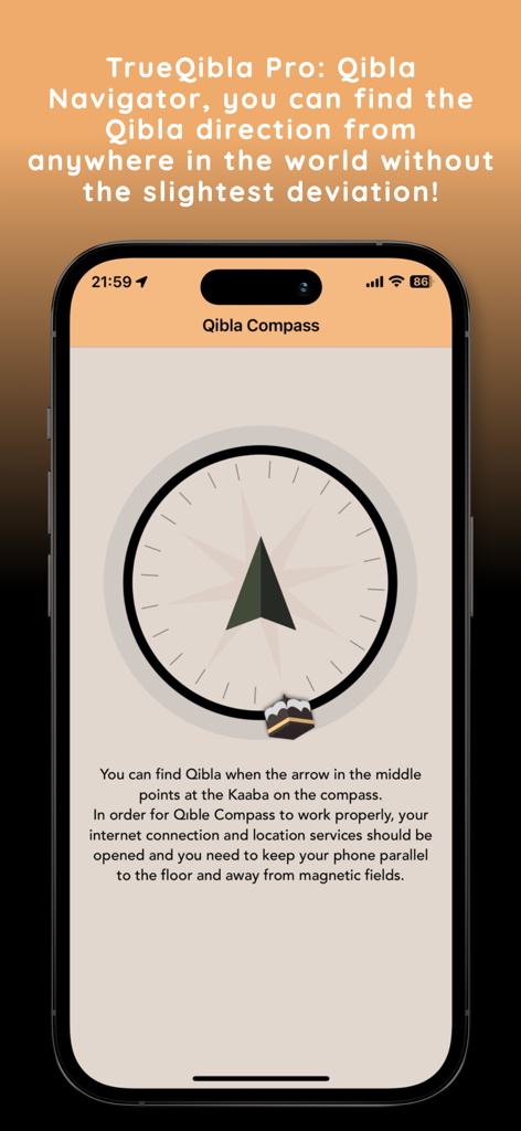 Qibla Compass: Mecca Finder. - Digital compass interface of the Qibla Compass app showing the direction to Mecca with a Kaaba icon
