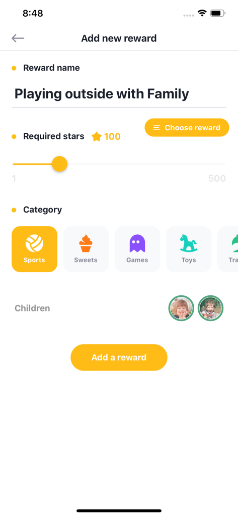 Child Rewardアプリで、カスタムスター要件とスポーツやゲームなどのカテゴリを持つ新しい報酬を作成するための保護者向けインターフェース。