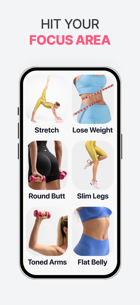 A mobile screen from the Fitny app displaying various workout focus areas including stretching, weight loss, and targeted body part exercises.