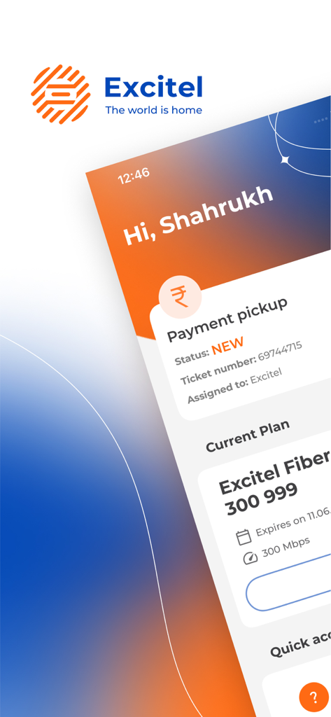 my Excitel - User dashboard on the my Excitel app displaying current fiber plan and payment pickup status