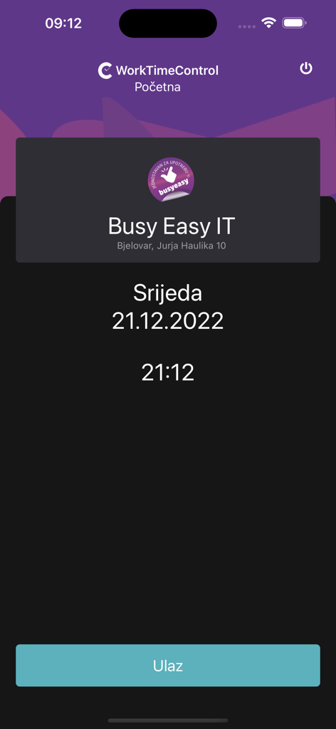 WorkTimeControl - WorkTimeControl mobile app home screen showing the clock in button and current time for employee tracking