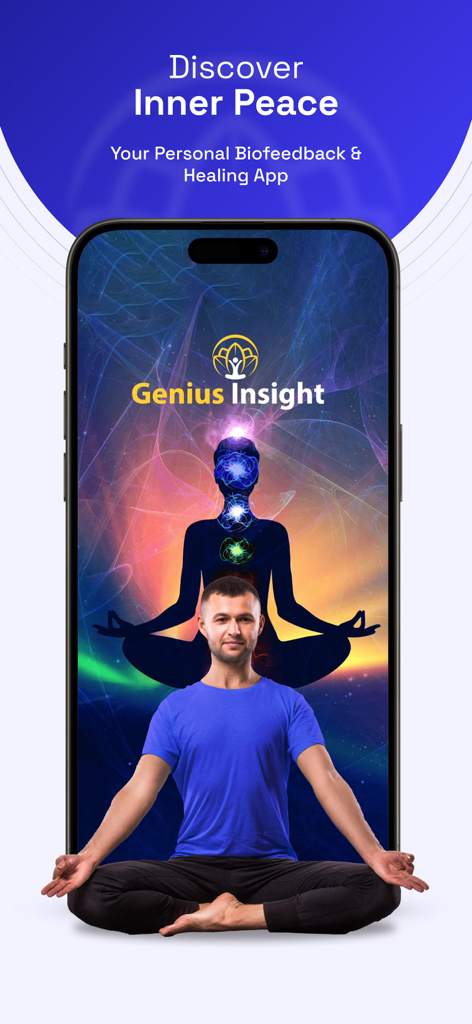 Genius Insight Biofeedback - Un hombre en pose de meditación frente a un smartphone que muestra la interfaz de la aplicación Genius Insight Biofeedback y de sanación.