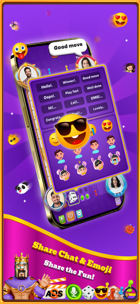 Snakes and Ladders Chief app screen showcasing social features with in-game chat phrases and emojis.
