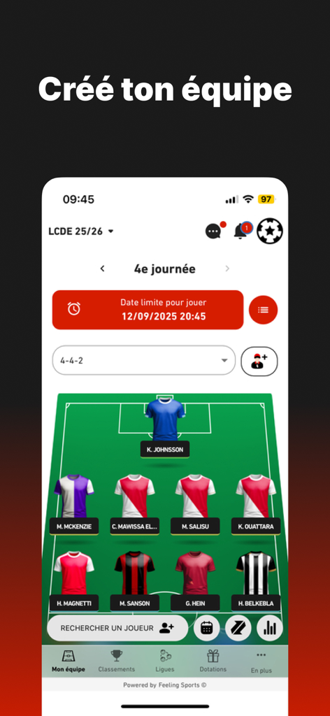 Le Championnat des Etoiles - Tela do aplicativo Le Championnat des Etoiles mostrando a criação de equipe de futebol fantasy com uniformes de jogadores em um campo virtual.