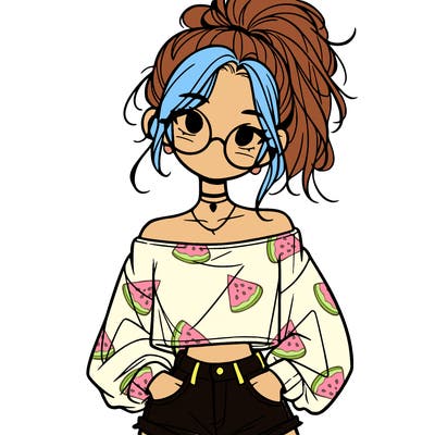 girl with a messy ponytail glasses a baggy crop top and jean shorts