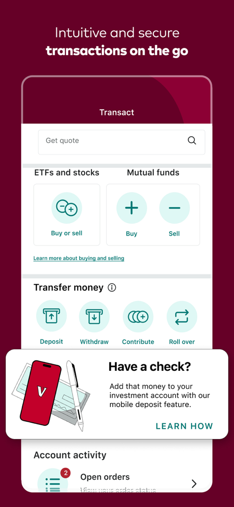 Vanguard: Save, Invest, Retire - Mobile interface of the Vanguard app showing options to buy or sell stocks, ETFs, and mutual funds, plus transfer money and deposit checks